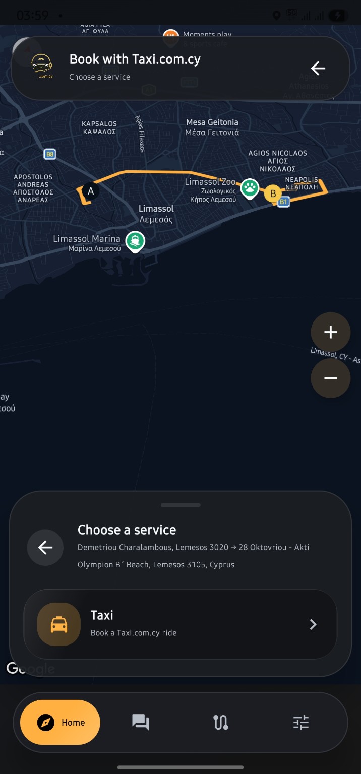 Taxi.com.cy Passenger App booking map screen