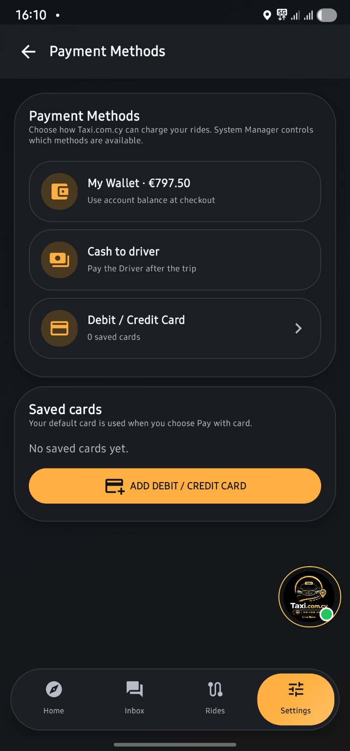 Taxi.com.cy Passenger App payment methods screen with wallet cash and card options