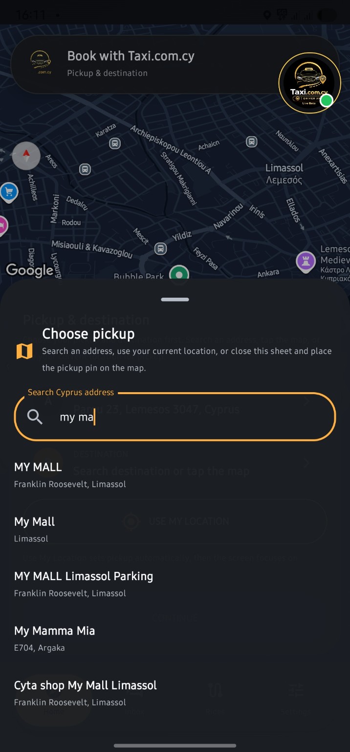 Taxi.com.cy Passenger App pickup search screen with Cyprus address suggestions