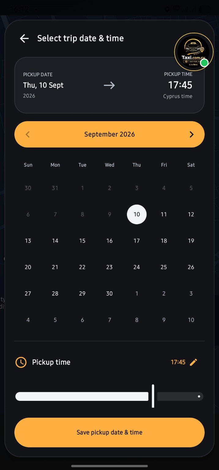 Taxi.com.cy Passenger App trip date and time scheduling screen