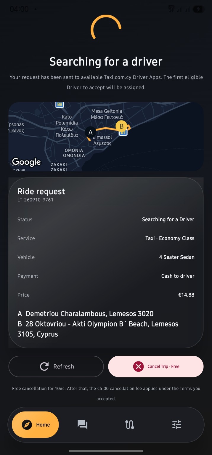 Taxi.com.cy Passenger App searching for a driver with route and booking details