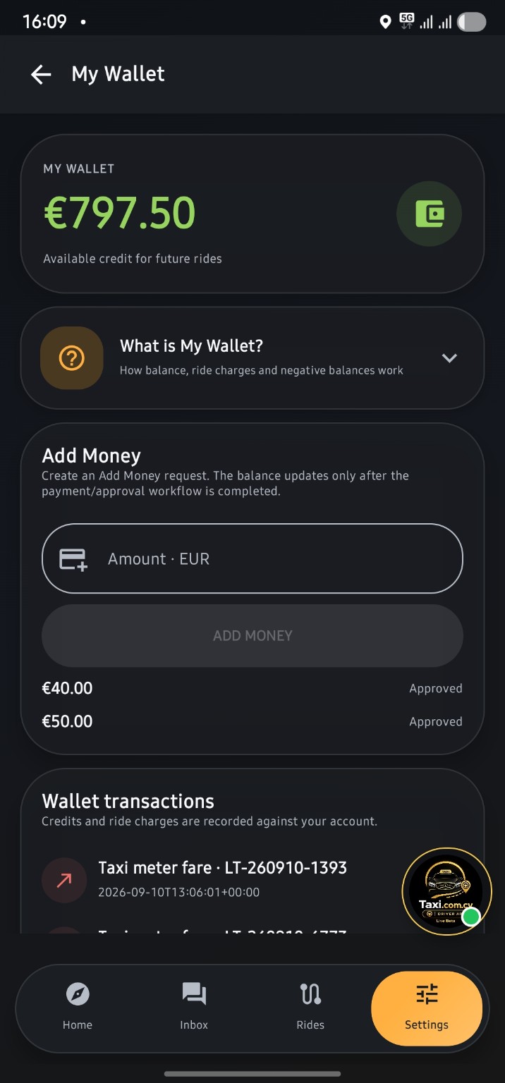 Taxi.com.cy Passenger App wallet screen showing available credit and wallet transactions