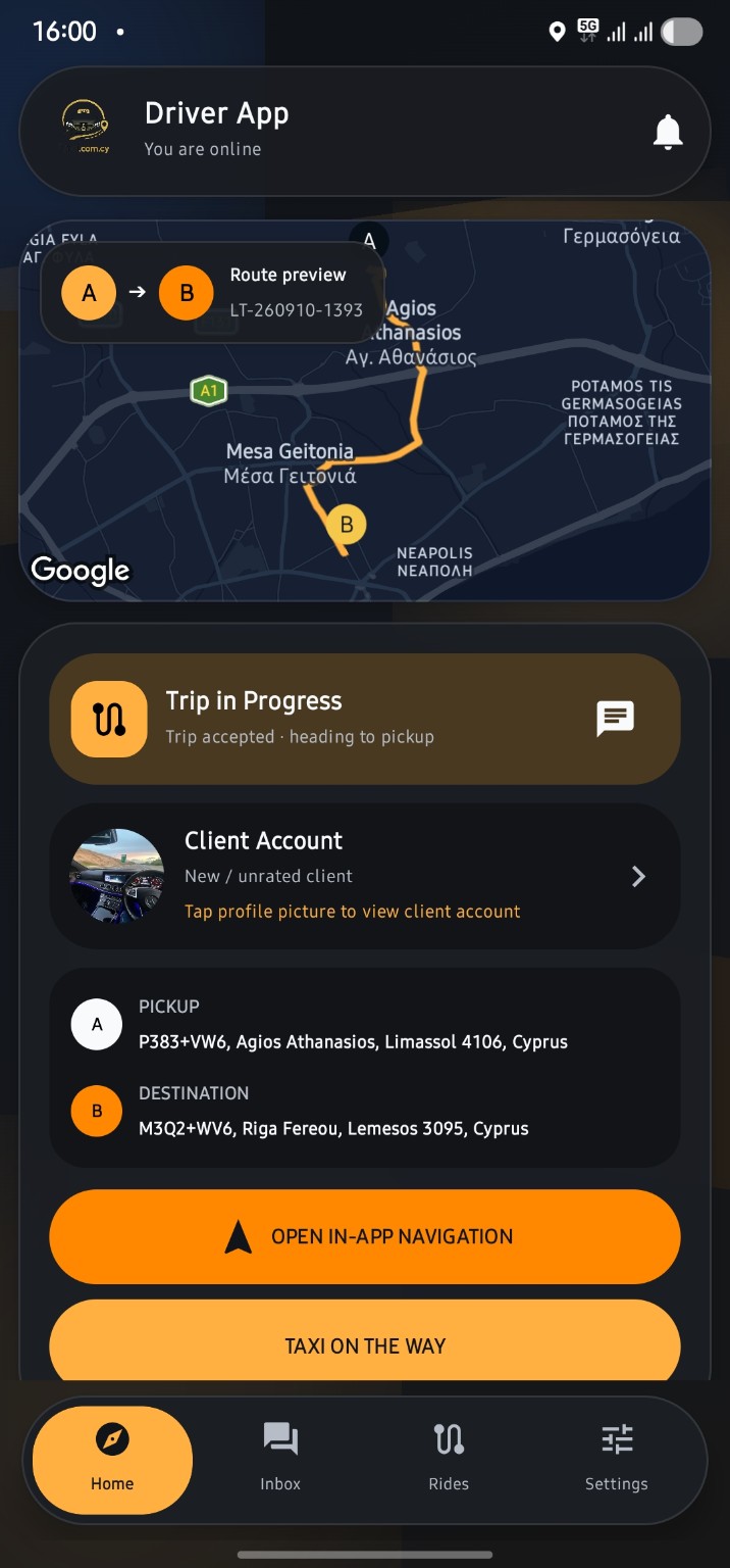 Taxi.com.cy Driver App active trip screen
