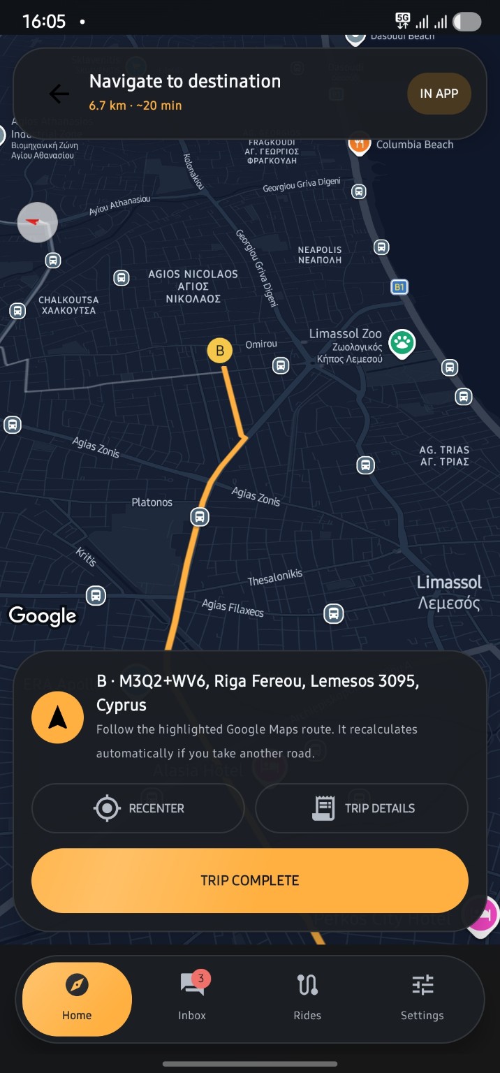 Taxi.com.cy Driver App in-app navigation screen showing a Limassol route
